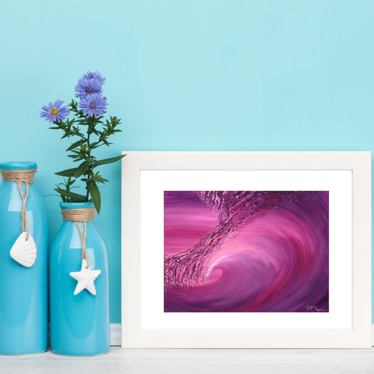 pink aesthetic ocean wave, pink ocean, beach house decor, surf art